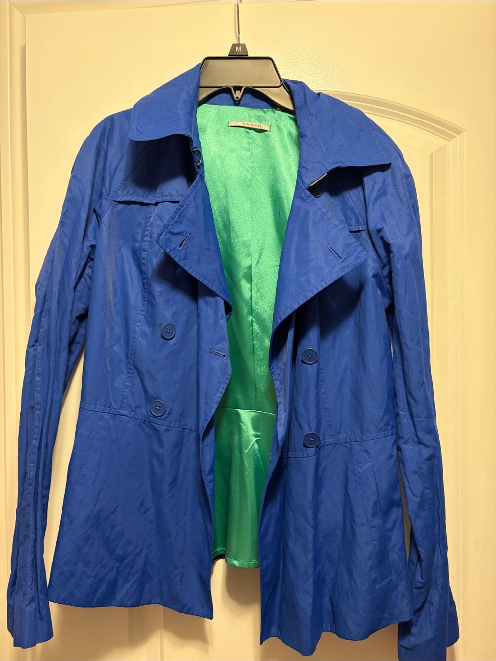 T Tahari Royal Blue Trench Coat with Green Lining